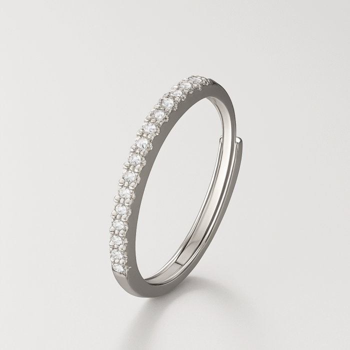 Close-up of EverFlex™ adjustable pavé wedding band with Cubic Zirconia stones and hidden flex-fit mechanism