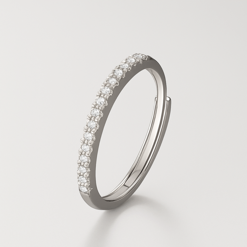Close-up of EverFlex™ adjustable pavé wedding band with Cubic Zirconia stones and hidden flex-fit mechanism