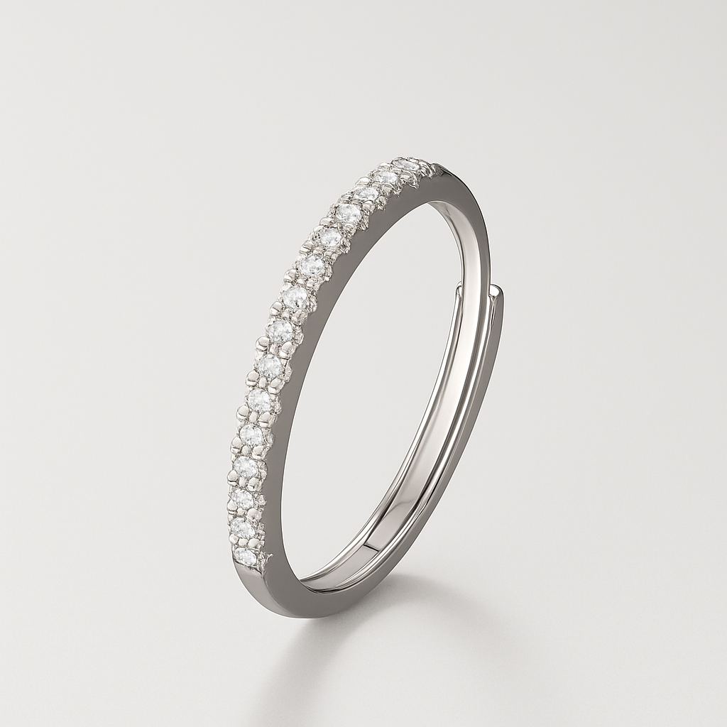 Close-up of EverFlex™ adjustable pavé wedding band with Cubic Zirconia stones and hidden flex-fit mechanism