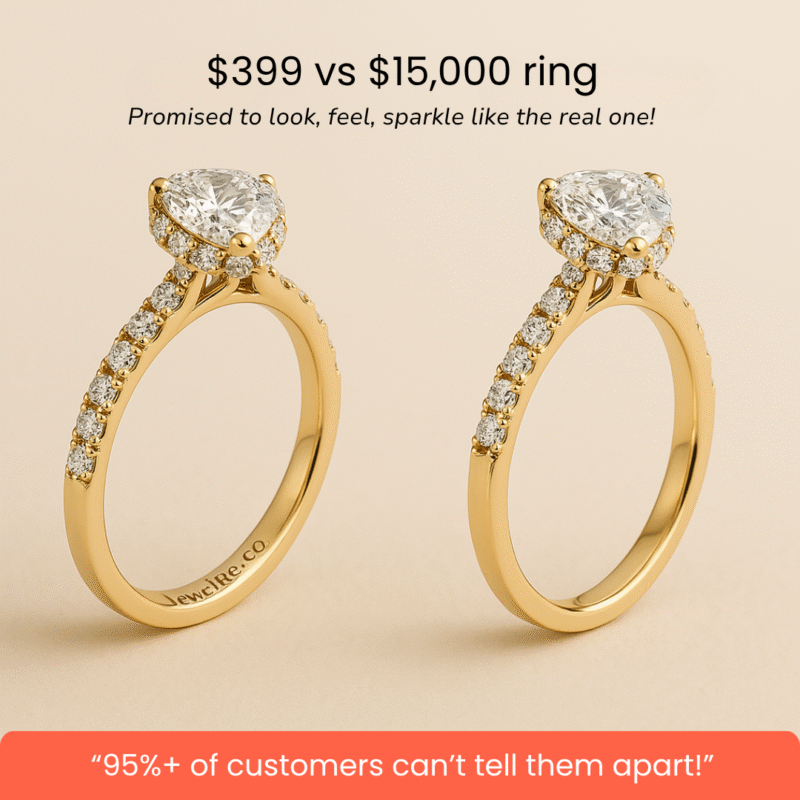 Side-by-side comparison of a $399 custom Ring Twin replica and a $15,000 real diamond engagement ring - showcasing how identical they look. Same design and same sparkle.