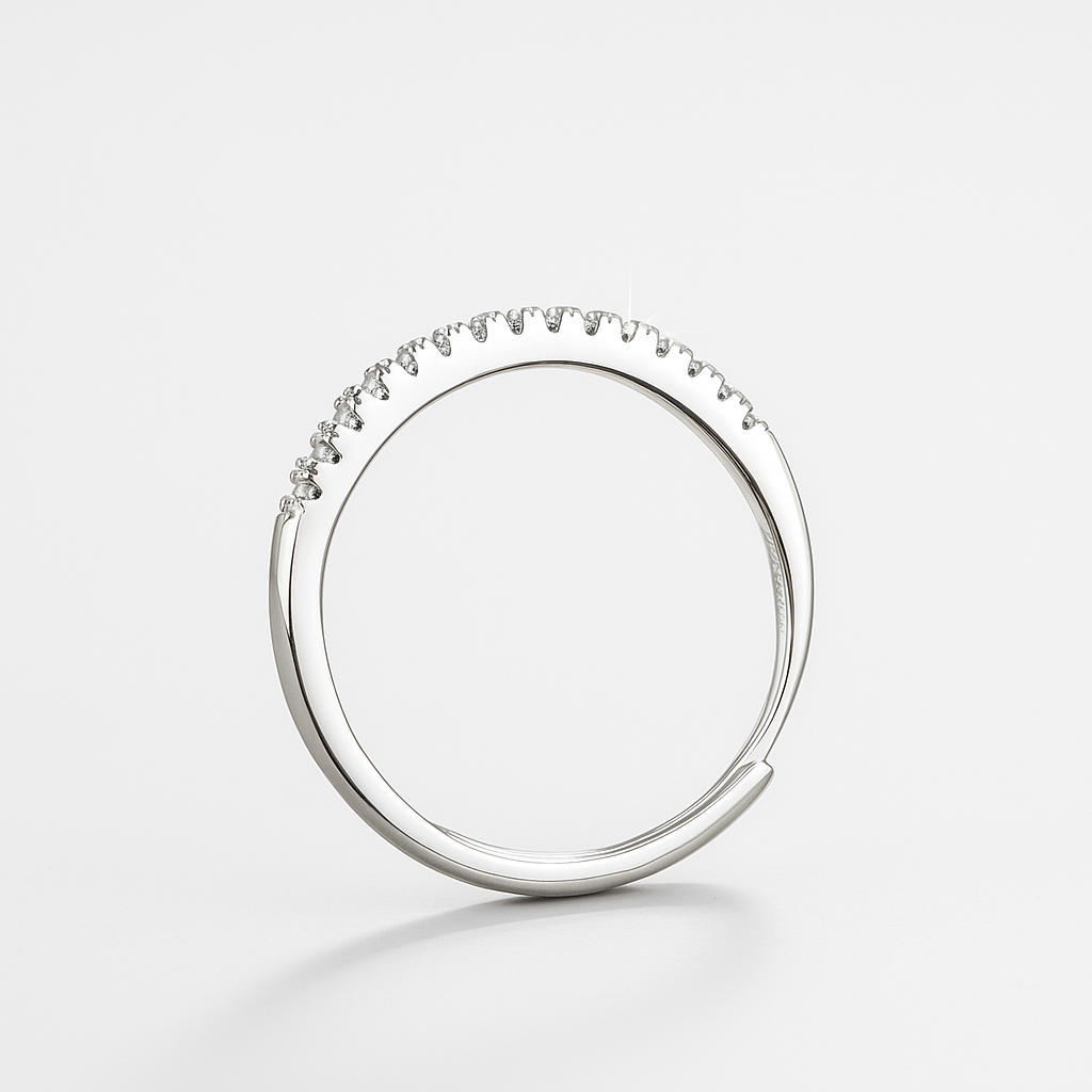Close-up of EverFlex™ adjustable pavé wedding band with Cubic Zirconia stones and hidden flex-fit mechanism